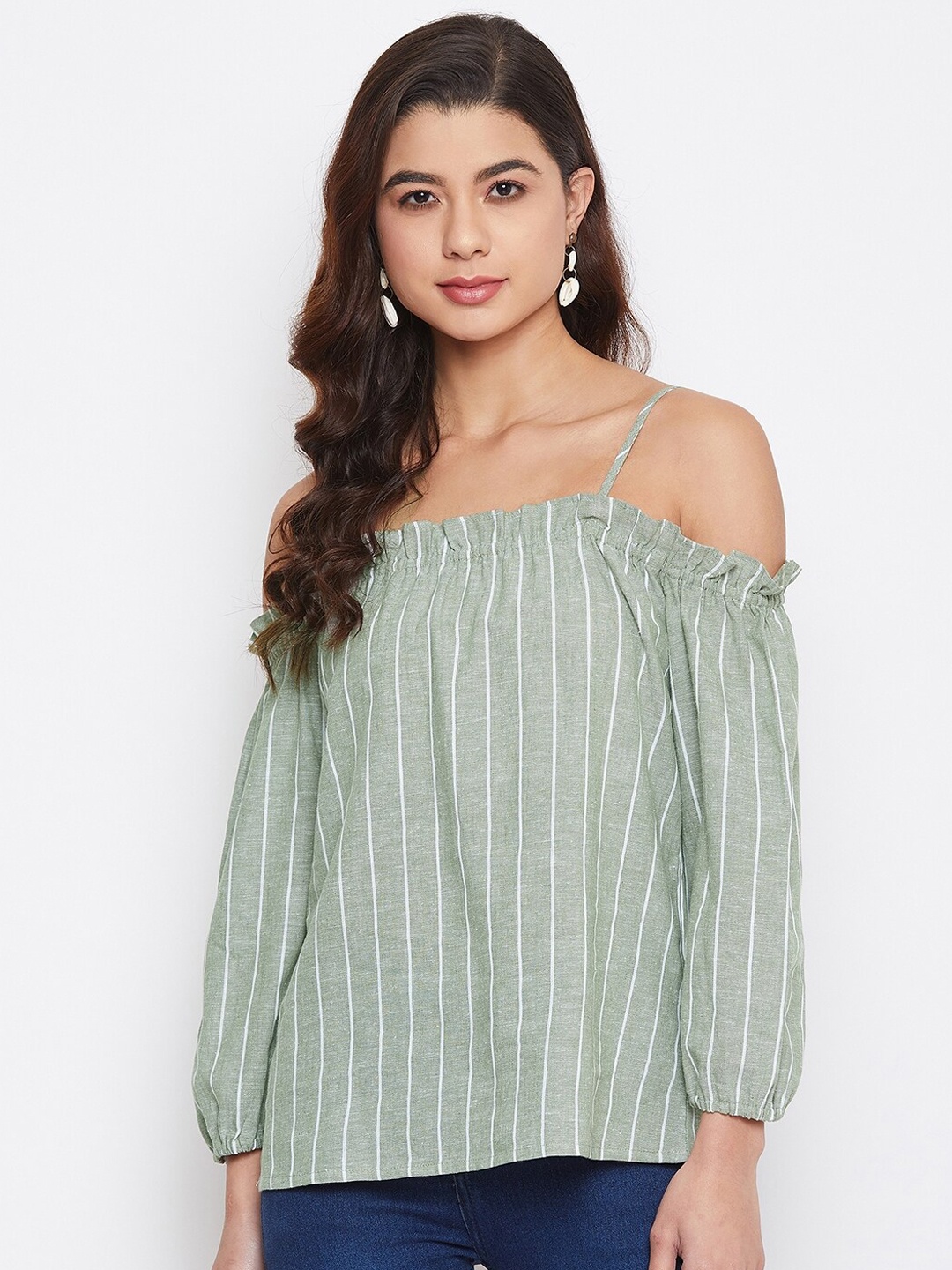 

Imfashini Women Green Striped Bardot Top