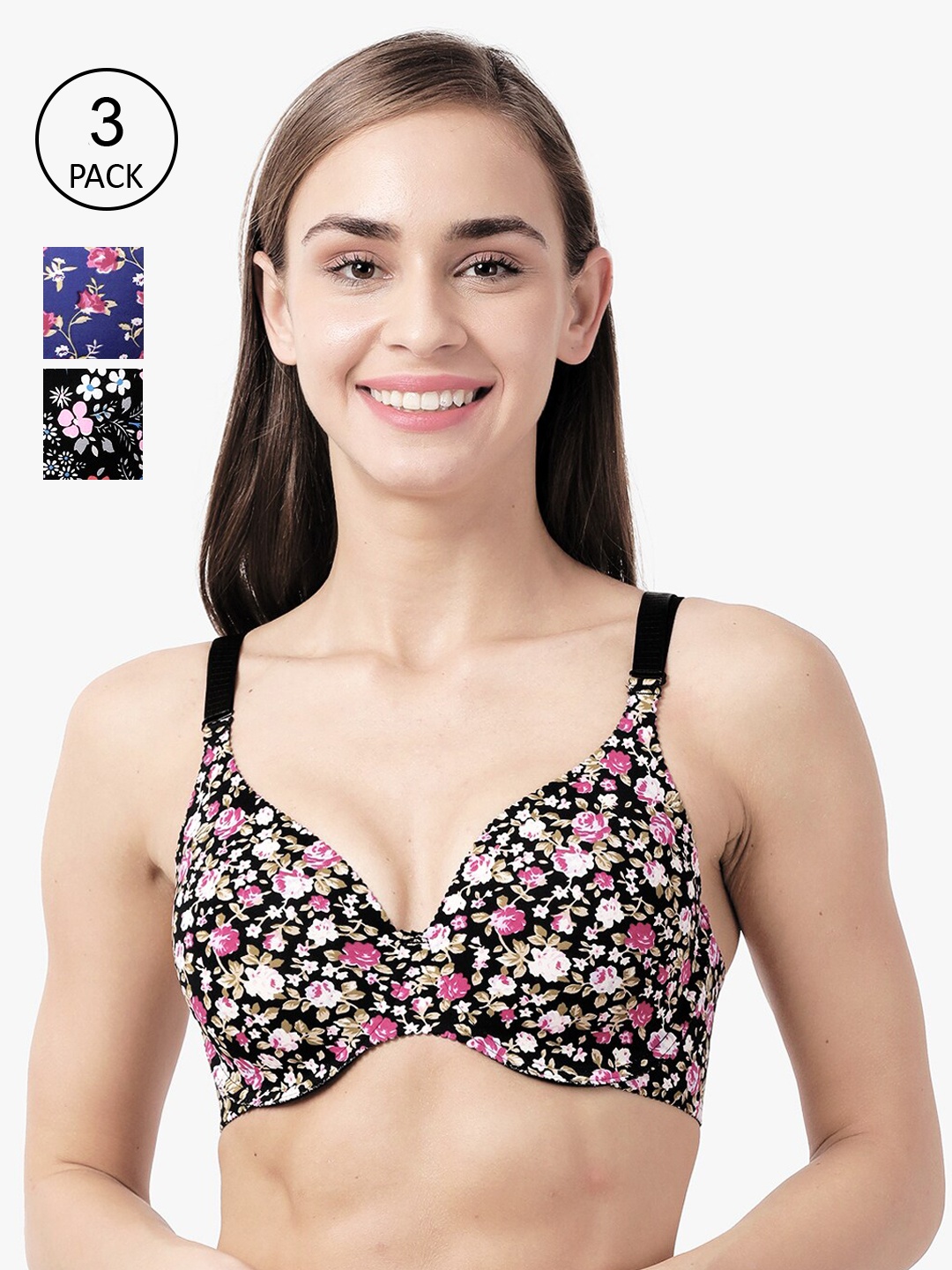 

shyaway Multicoloured Set of 3 Printed Underwired Lightly Padded Everyday Bra shya-com-216, Multi
