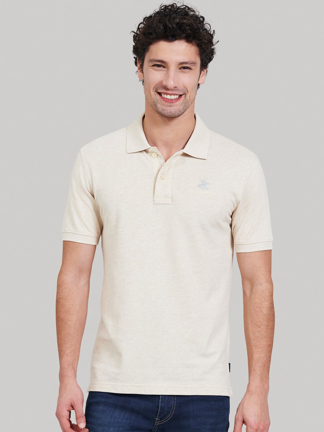 

Beverly Hills Polo Club Men Beige Solid Polo Collar T-shirt