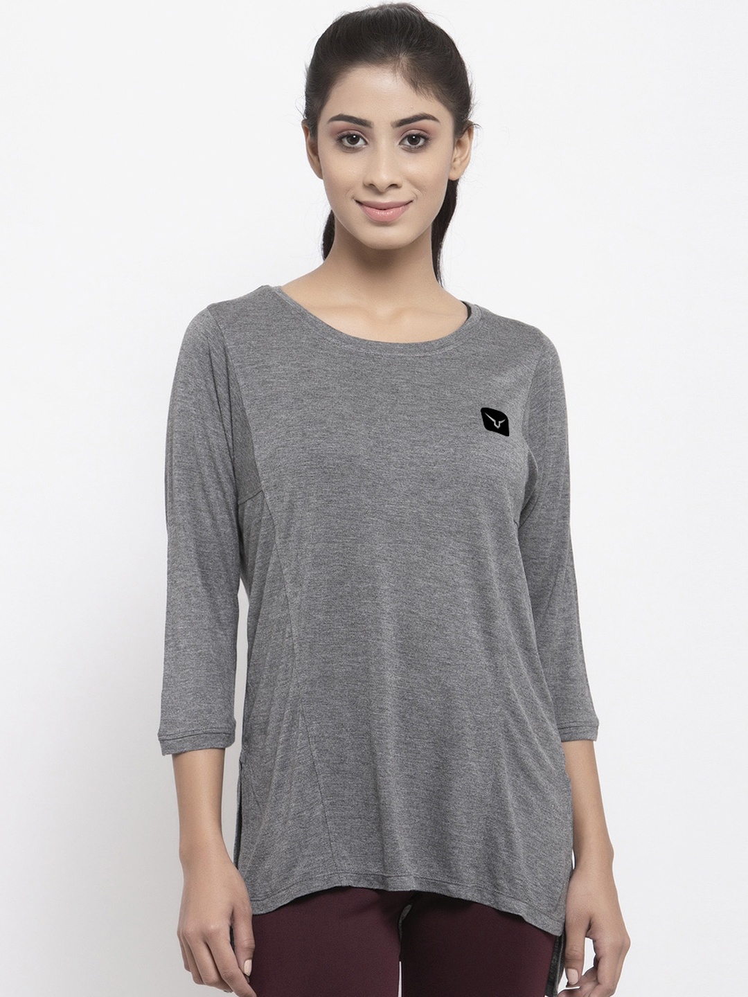

Invincible Women Grey Solid Round Neck Longline Yoga Training T Shirt