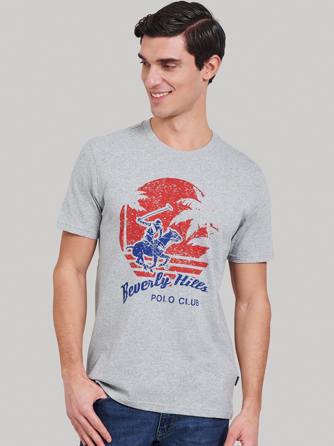 Beverly Hills Polo Club Men Grey Printed Round Neck T-shirt