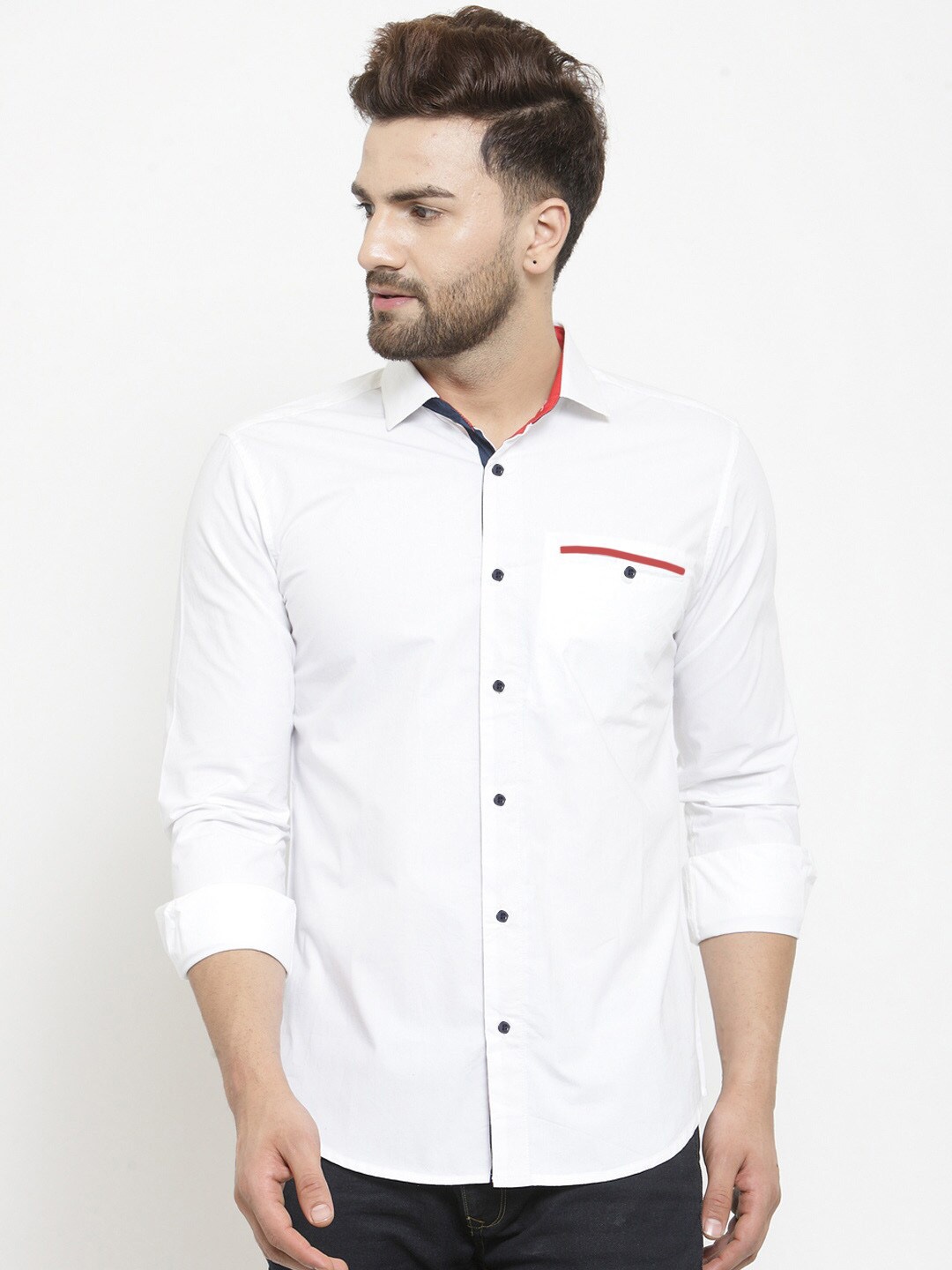 

Purple State Men White & Red Slim Fit Solid Casual Shirt