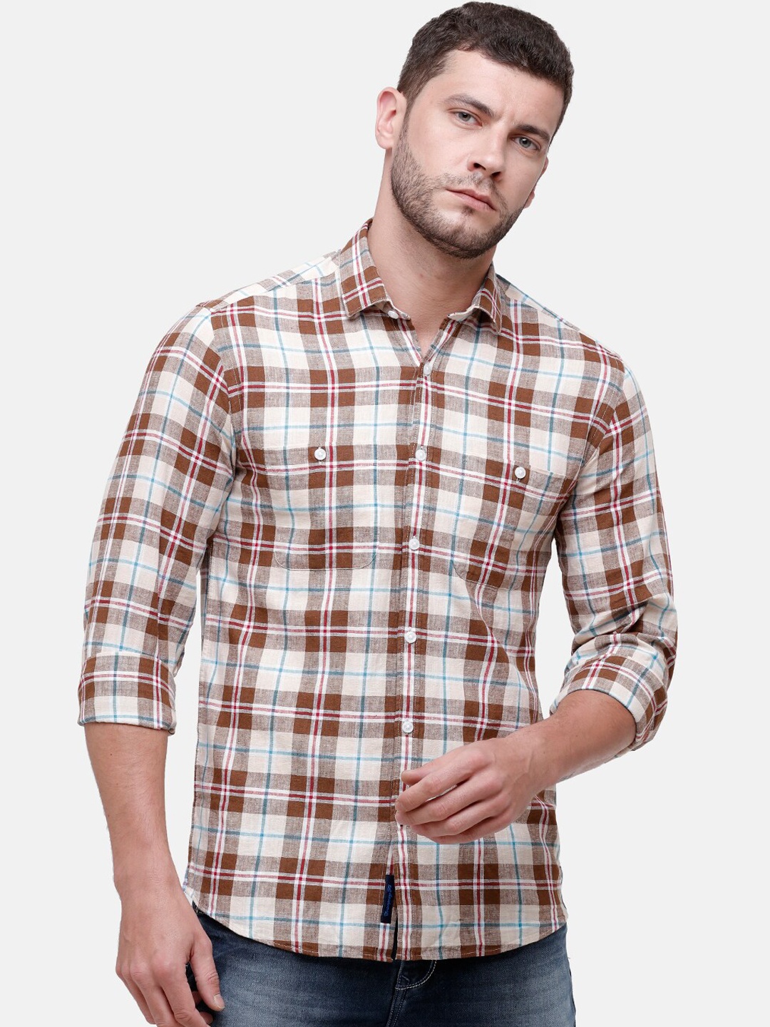

CAVALLO by Linen Club Men Cotton Linen White & Brown Regular Fit Checked Casual Shirt