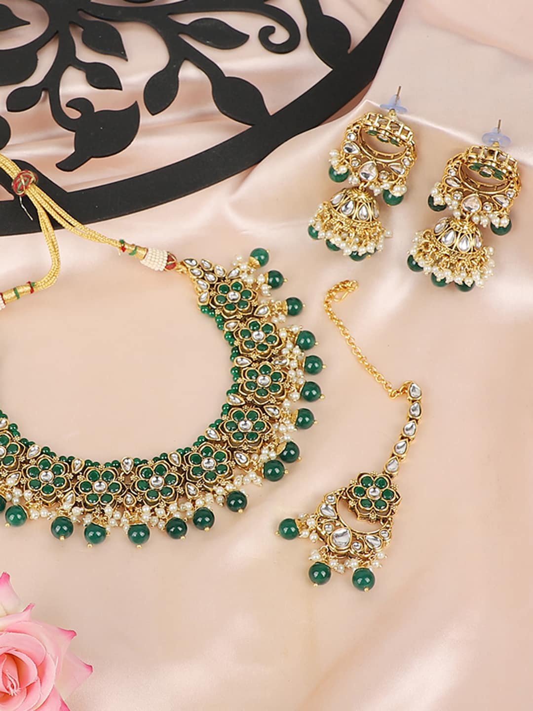 

ANIKAS CREATION Gold-Plated White & Green Stone-Studded Pearl Beaded Jewellery Set