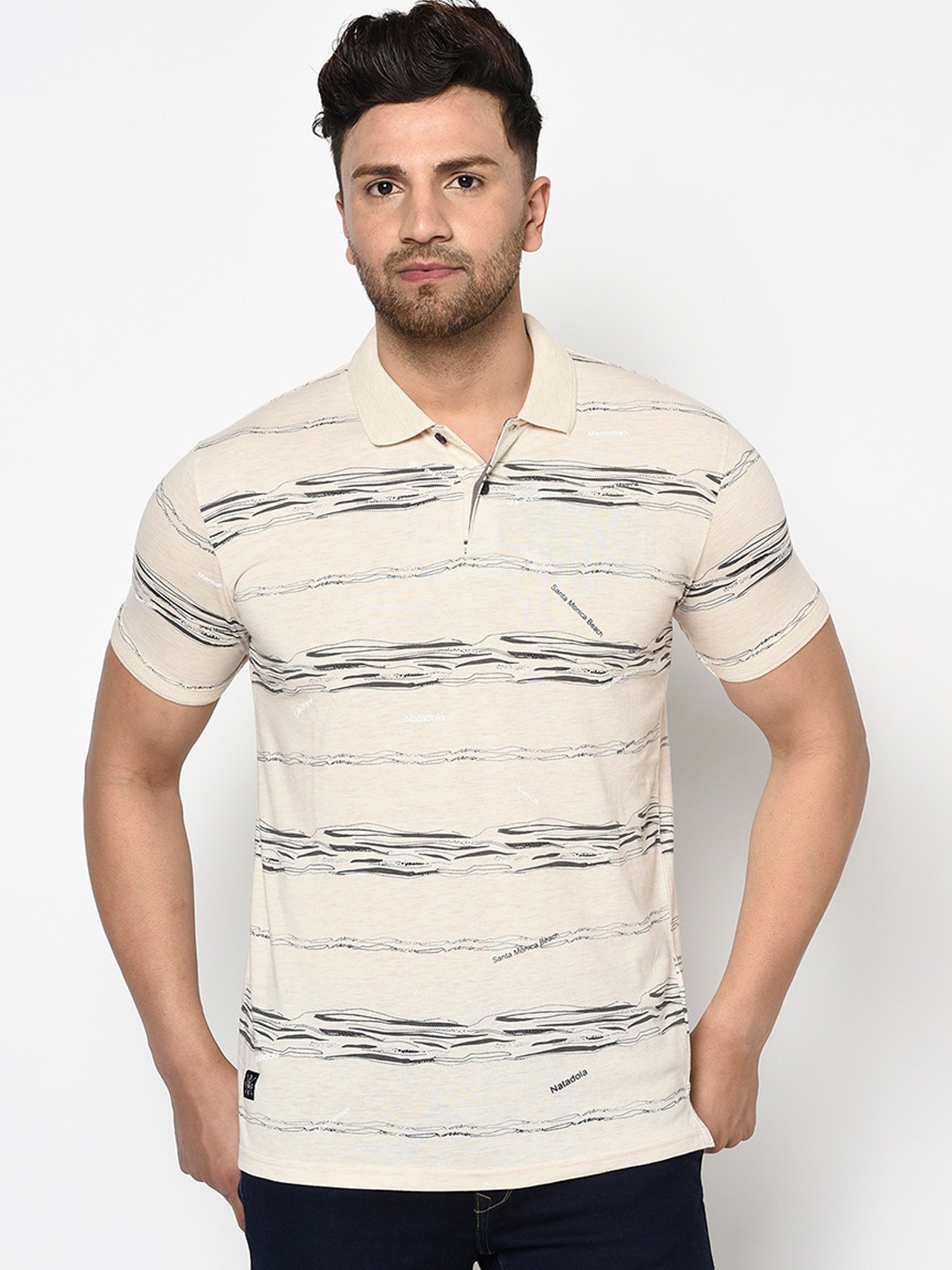 

Duke Men Beige Striped Polo Collar T-shirt