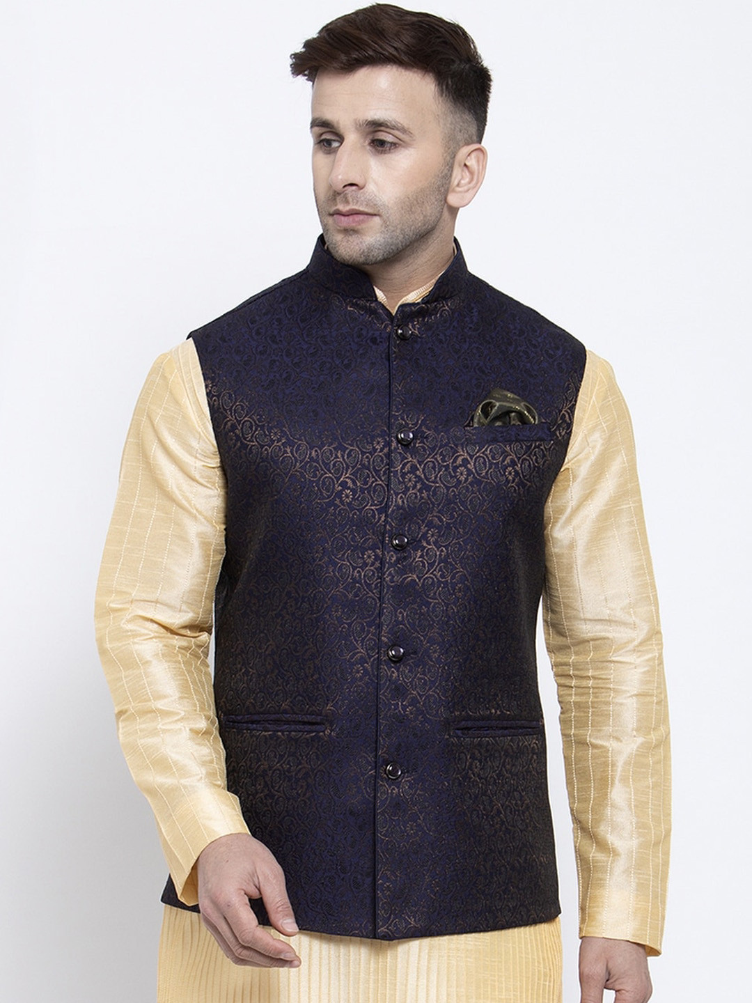 

Badoliya & Sons Men Navy Blue & Gold Toned Woven Design Nehru Jacket