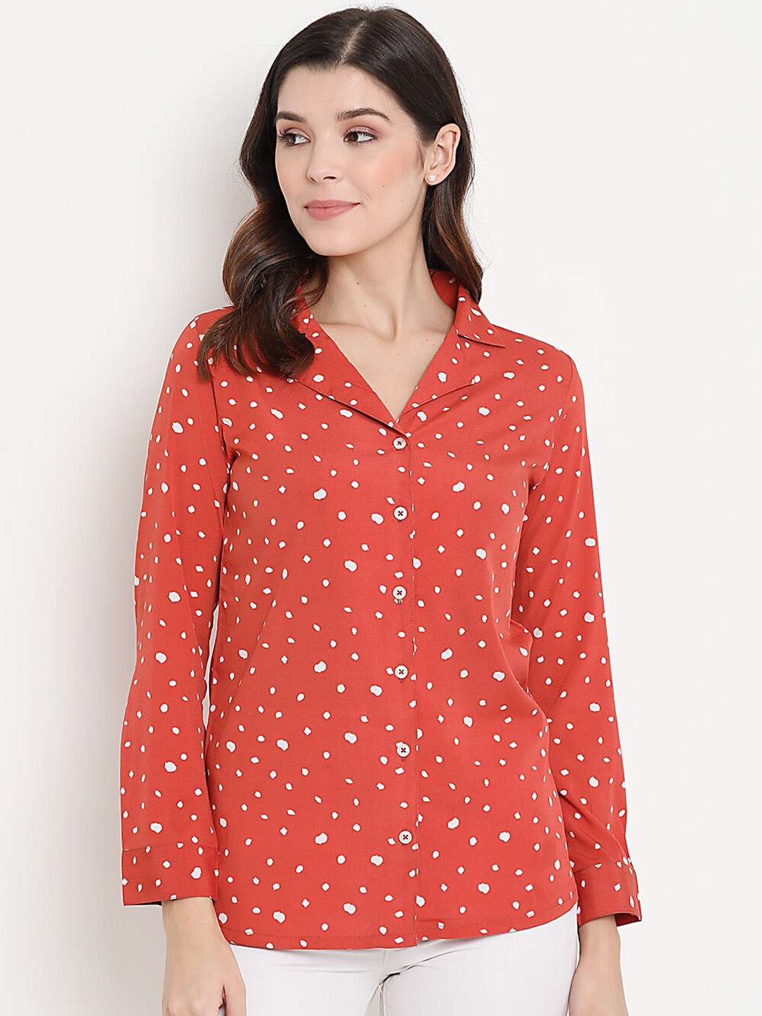 

THREAD MUSTER Women Orange Printed Shirt Style Top