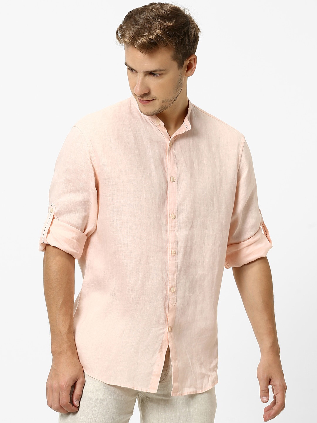 

Celio Men Peach-Coloured Regular Fit Solid Pure Linen Casual Shirt