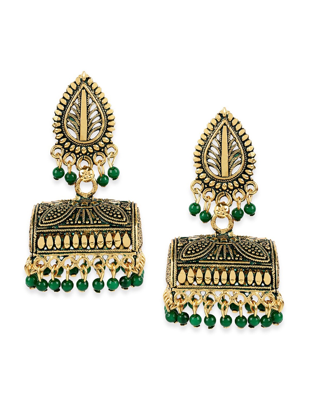 

ANIKAS CREATION Green & Gold-Toned Contemporary Jhumkas