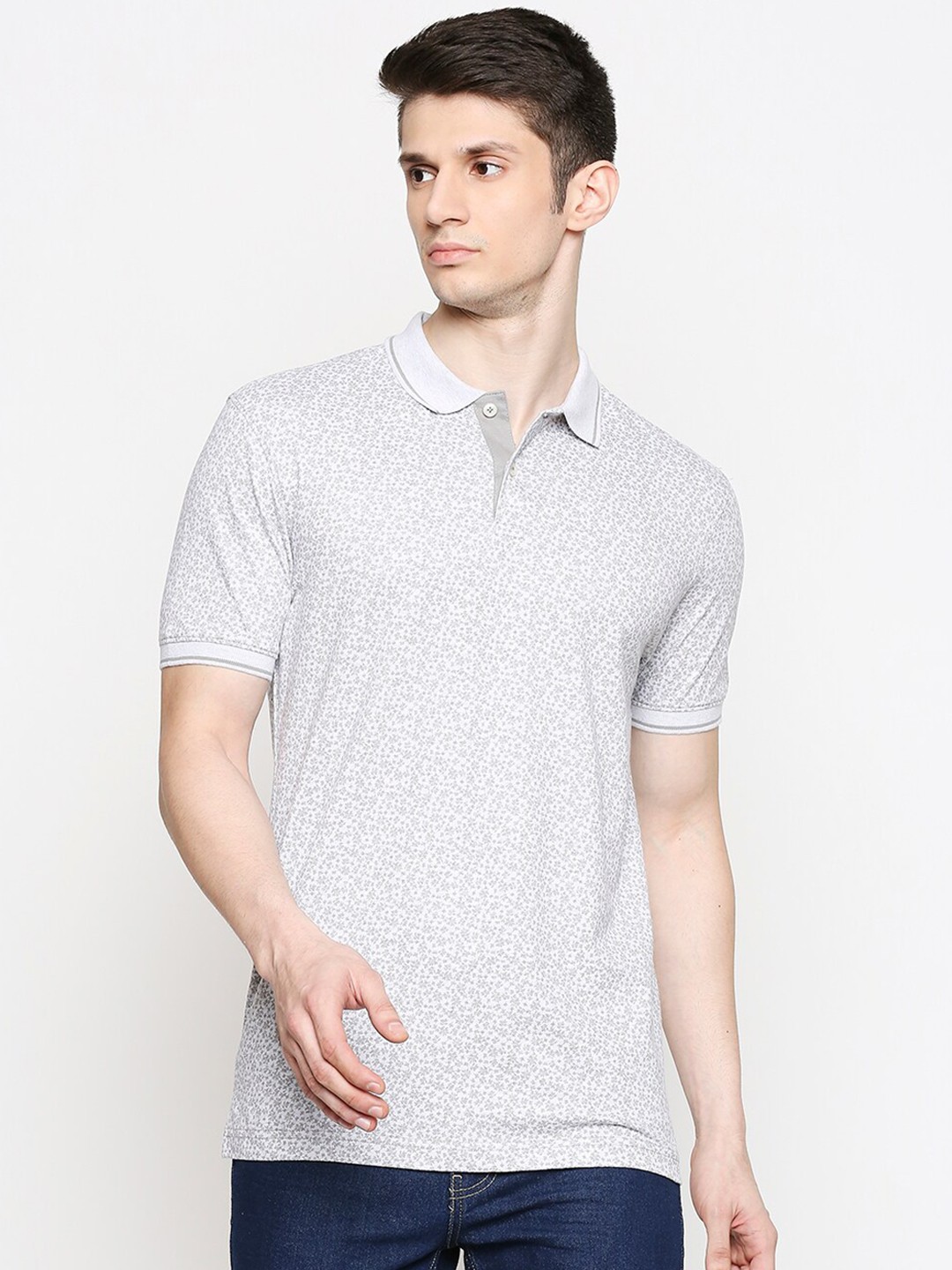 

BYFORD by Pantaloons Men Grey Printed Slim Fit Polo Collar T-shirt