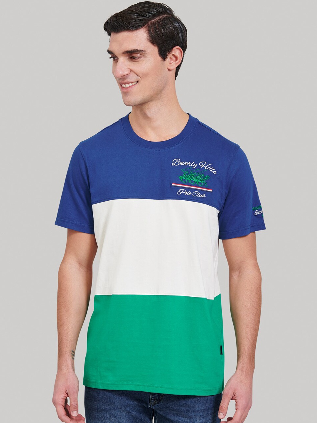 

Beverly Hills Polo Club Men Blue Colourblocked Round Neck T-shirt