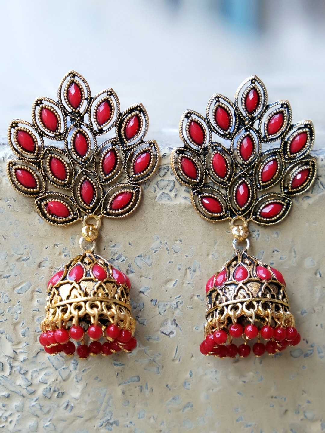 

Crunchy Fashion Gold-Plated & Red Contemporary Jhumkas