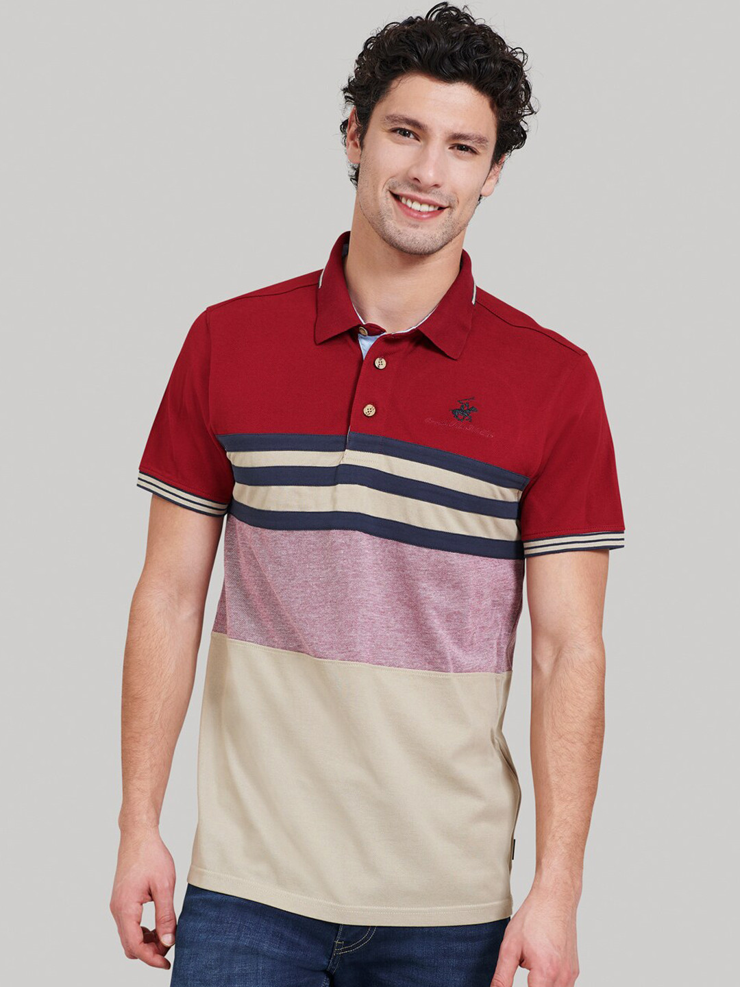 

Beverly Hills Polo Club Men Red Colourblocked Polo Collar T-shirt