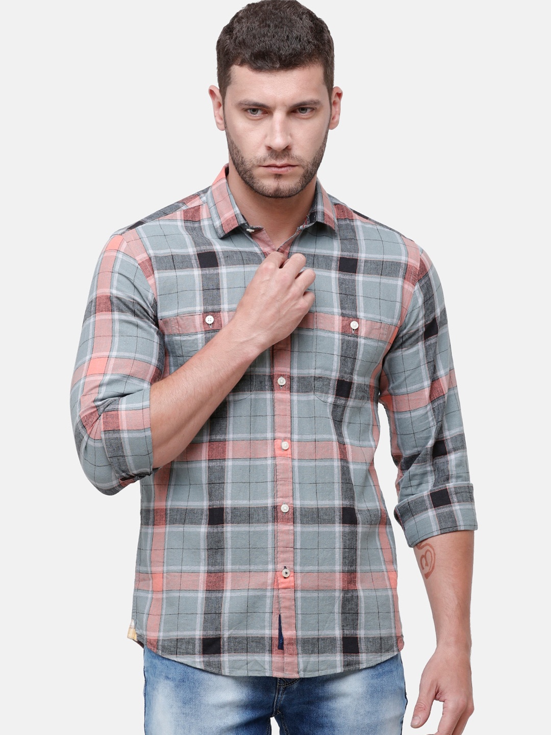 

CAVALLO by Linen Club Men Cotton Linen Grey & Orange Regular Fit Checked Casual Shirt