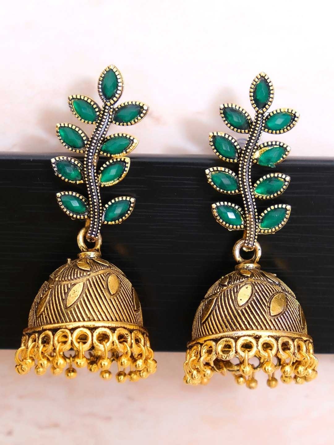 Crunchy Fashion Green Gold Plated Oxidised Contemporary Jhumkas