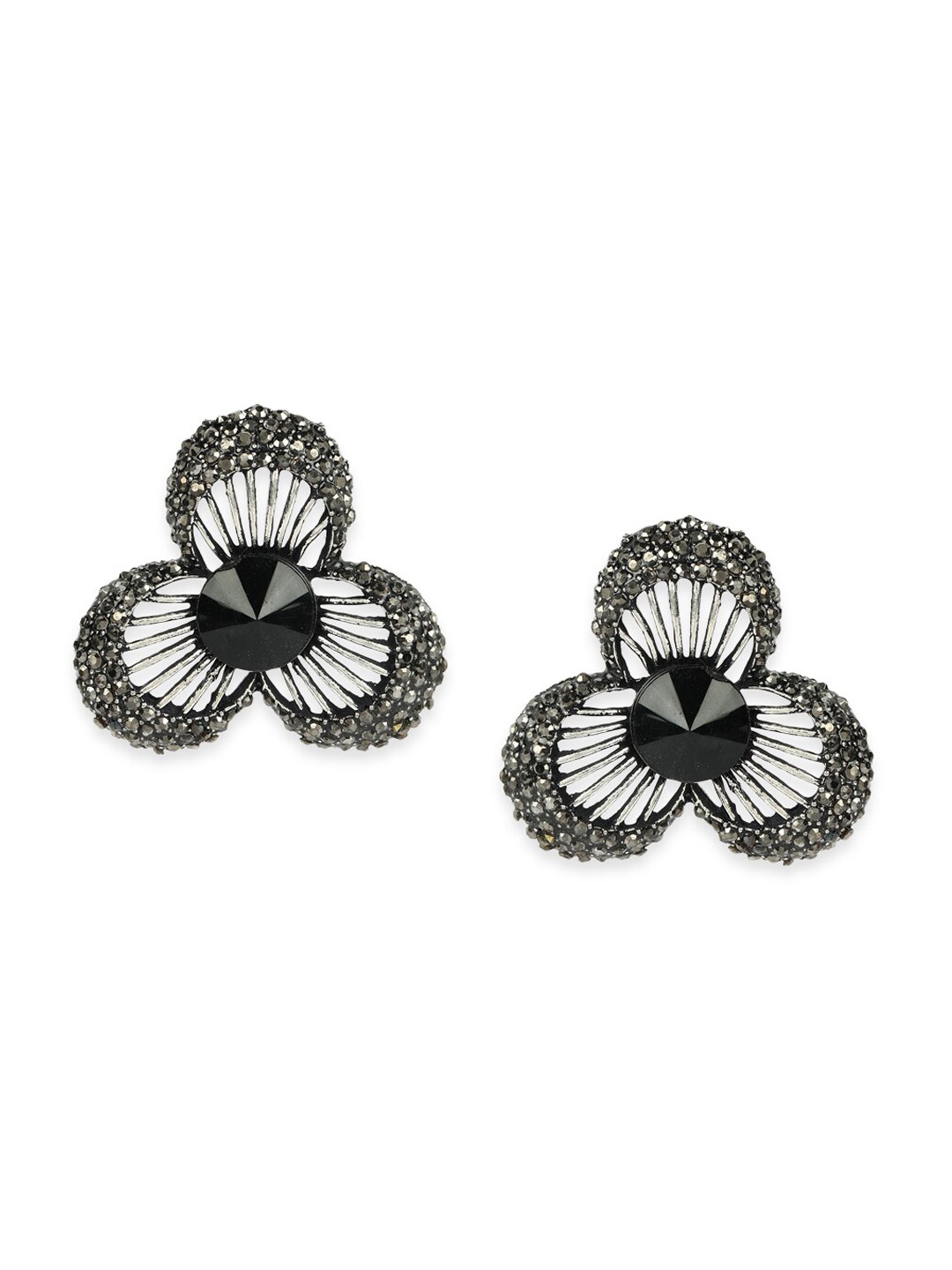 

ANIKAS CREATION Black & Silver-Toned Floral Studs