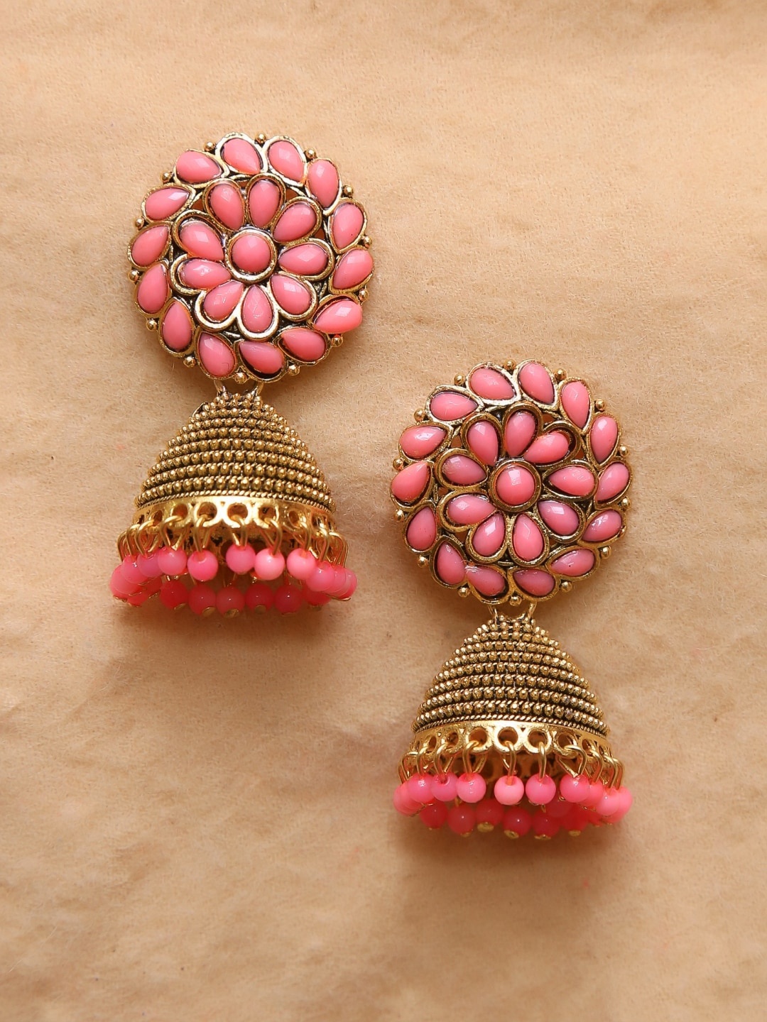 

Crunchy Fashion Gold-Plated & Pink Contemporary Jhumkas