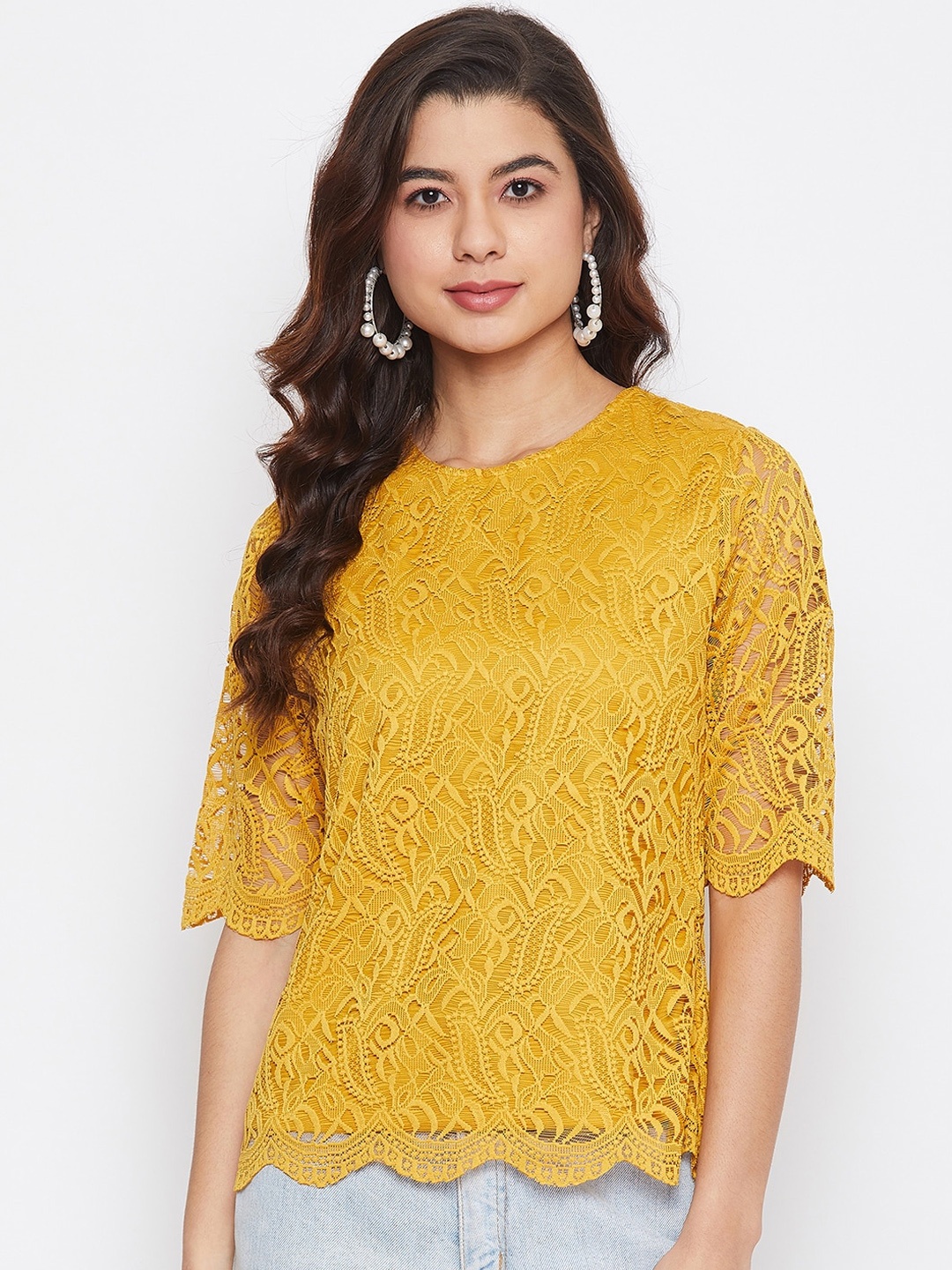 Imfashini Women Yellow Self Design Top