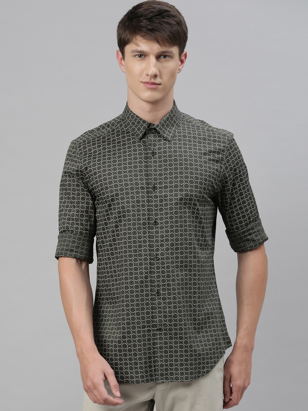 

RARE RABBIT Men Olive Green Tailored Fit Printed Casual Shirt