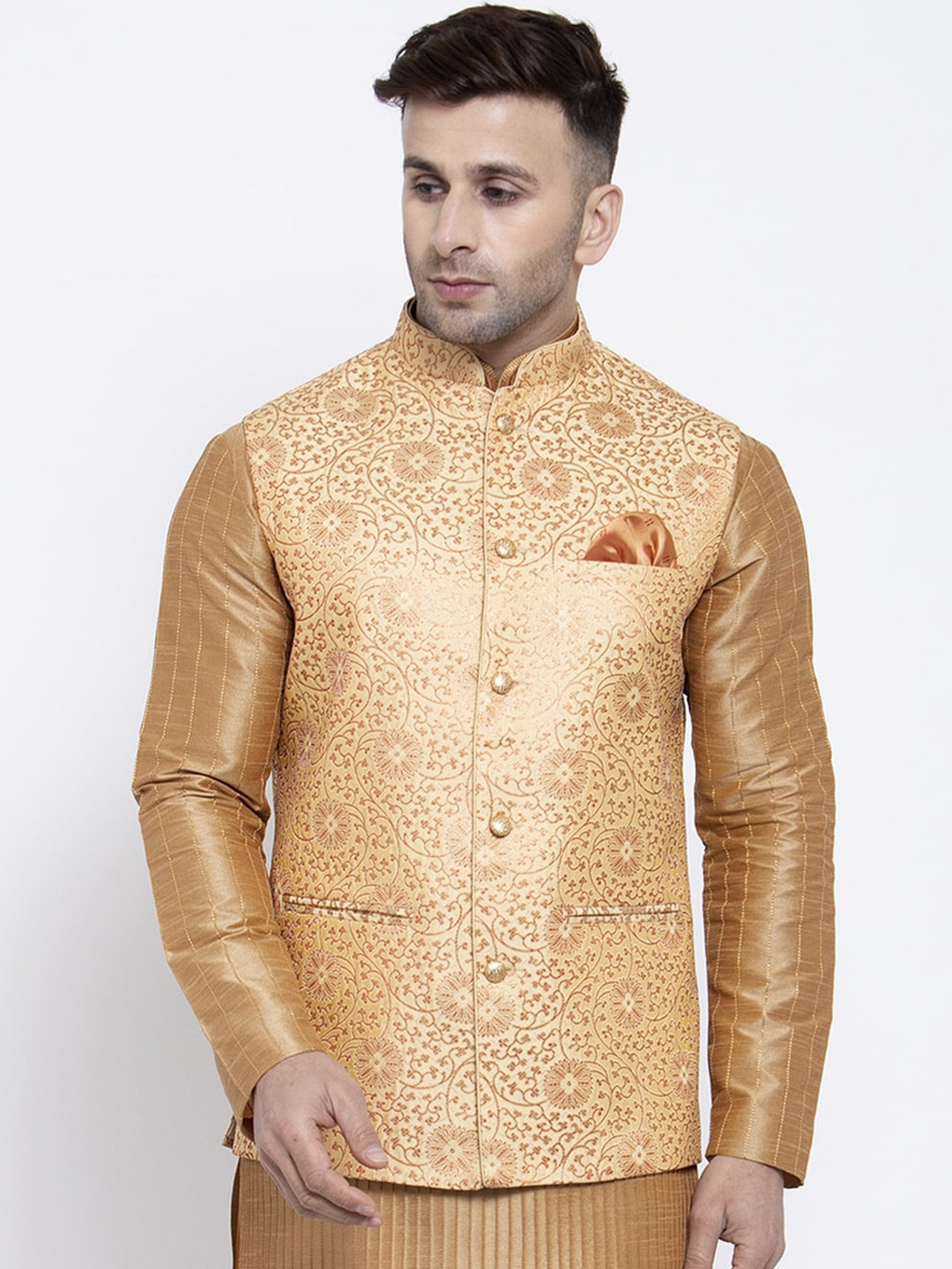 

Badoliya & Sons Men Gold-Coloured Woven Design Nehru Jacket