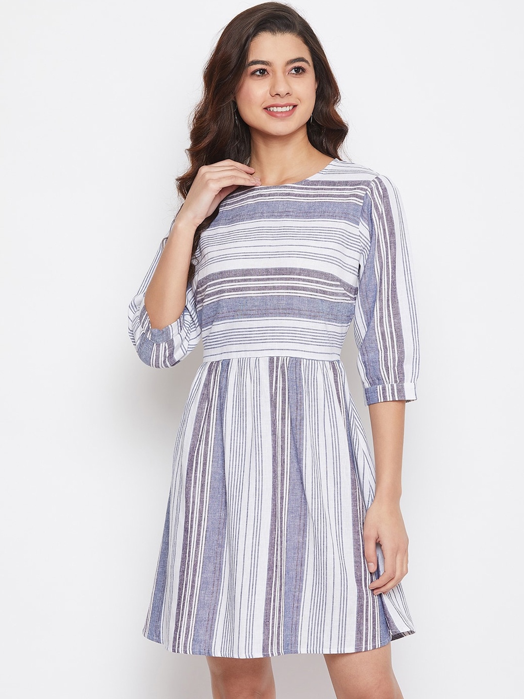 Imfashini Women White Striped Fit and Flare Dress
