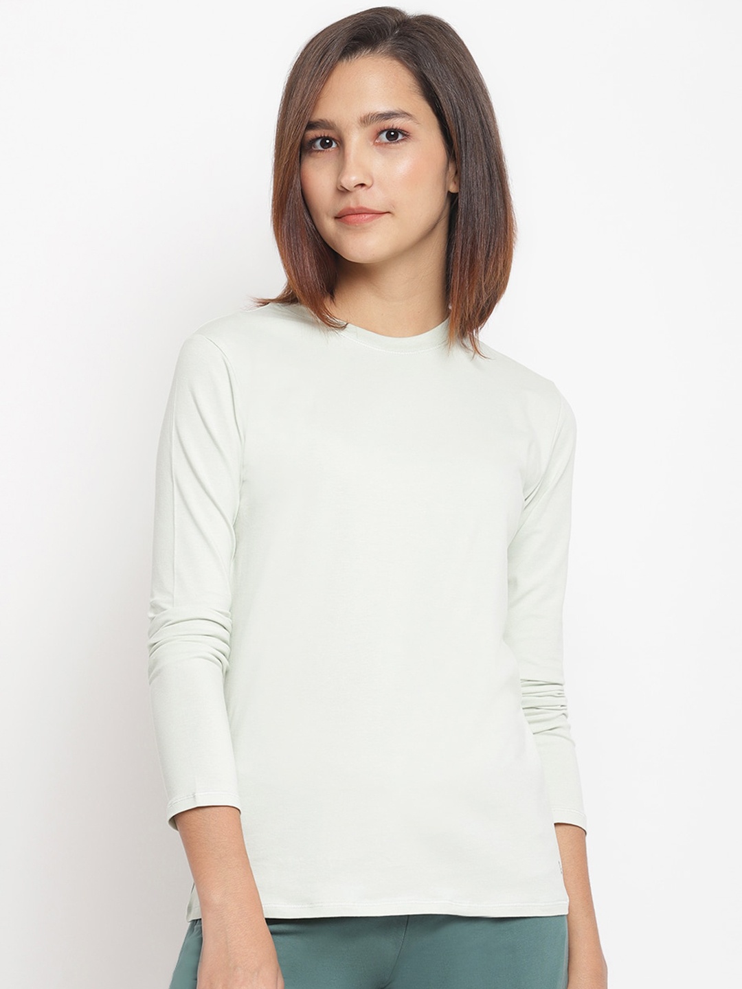 

Enamor Women Basic Crew Neck Long Sleeves Stretch Cotton Tee E057, Green