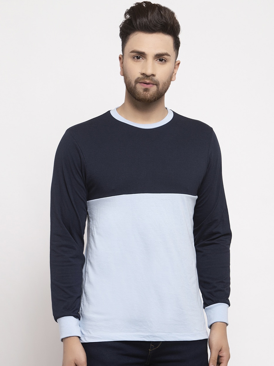 Kalt Men Blue & Navy Blue Colourblocked Round Neck T-shirt