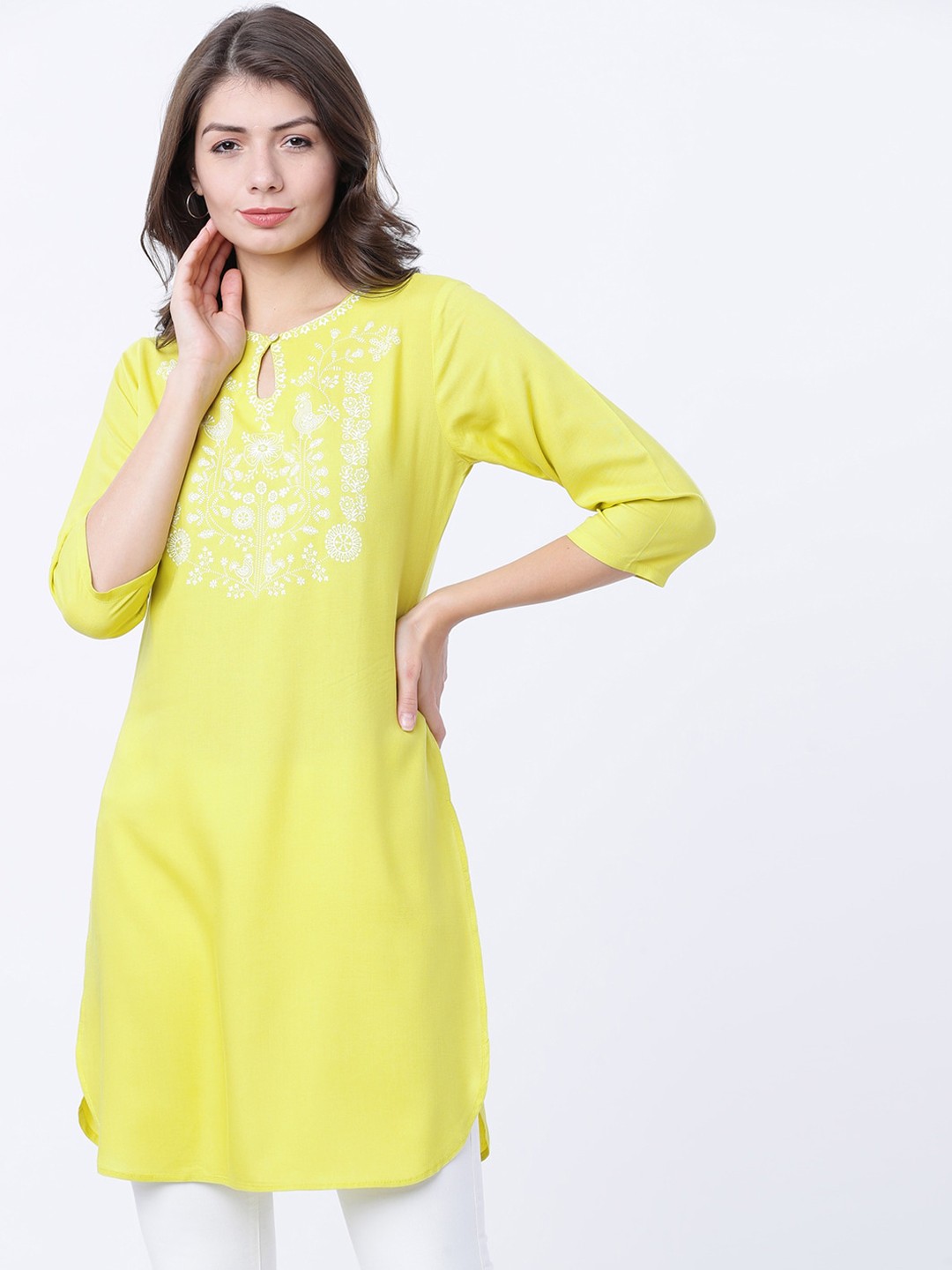 

Vishudh Women Lime Green Yoke Design Straight Kurta