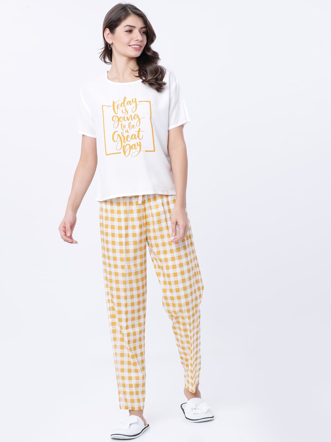 

Tokyo Talkies Women Mustard Yellow & White Night Suit
