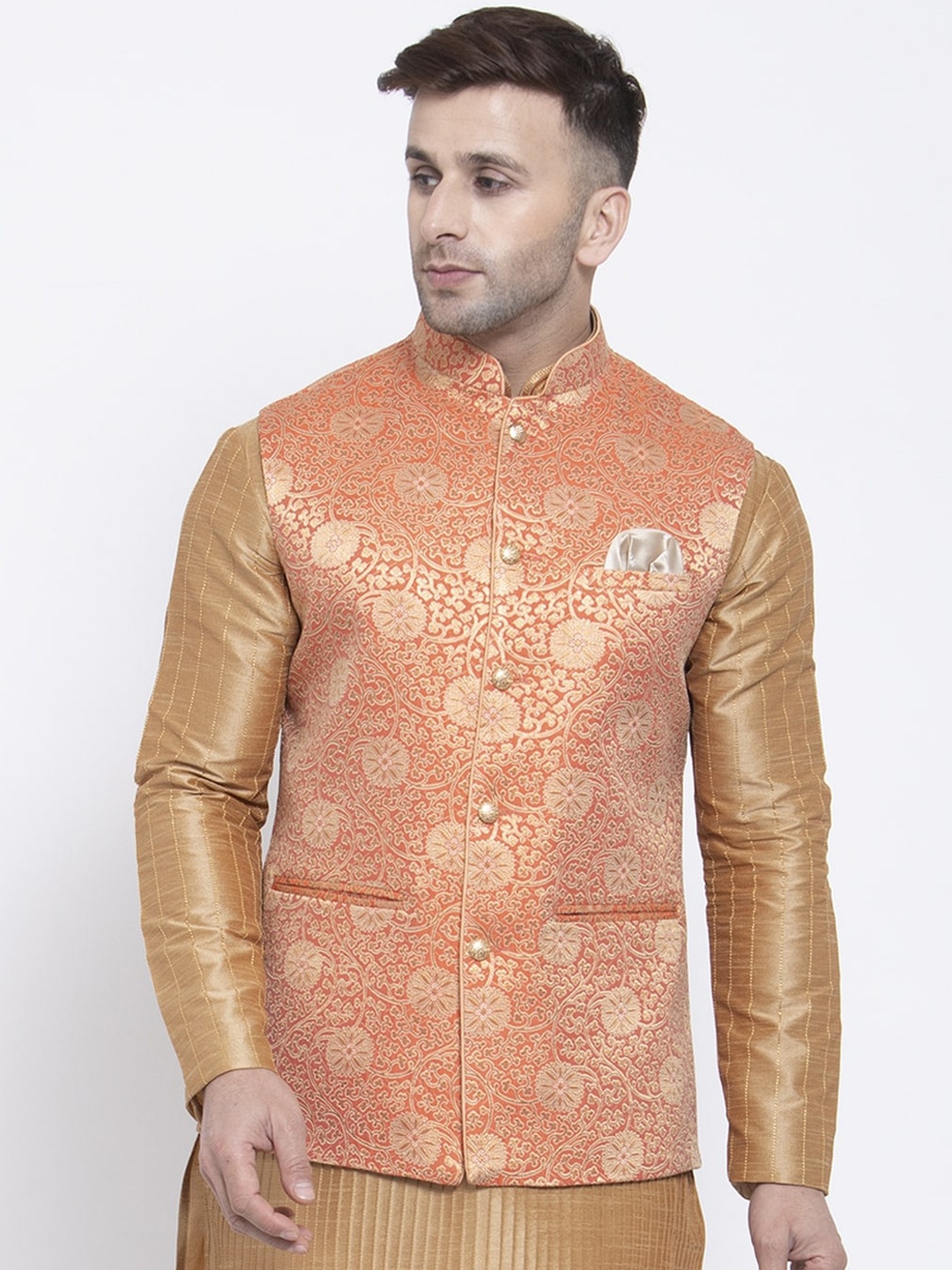

Badoliya & Sons Men Peach & Gold Coloured Woven Design Nehru Jacket