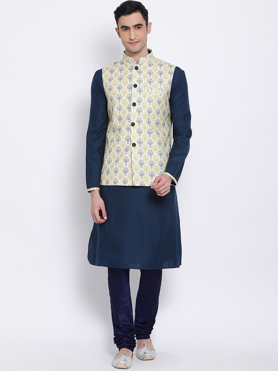 

Sanwara Men Blue Self Design Kurta with Churidar & Nehru Jacket