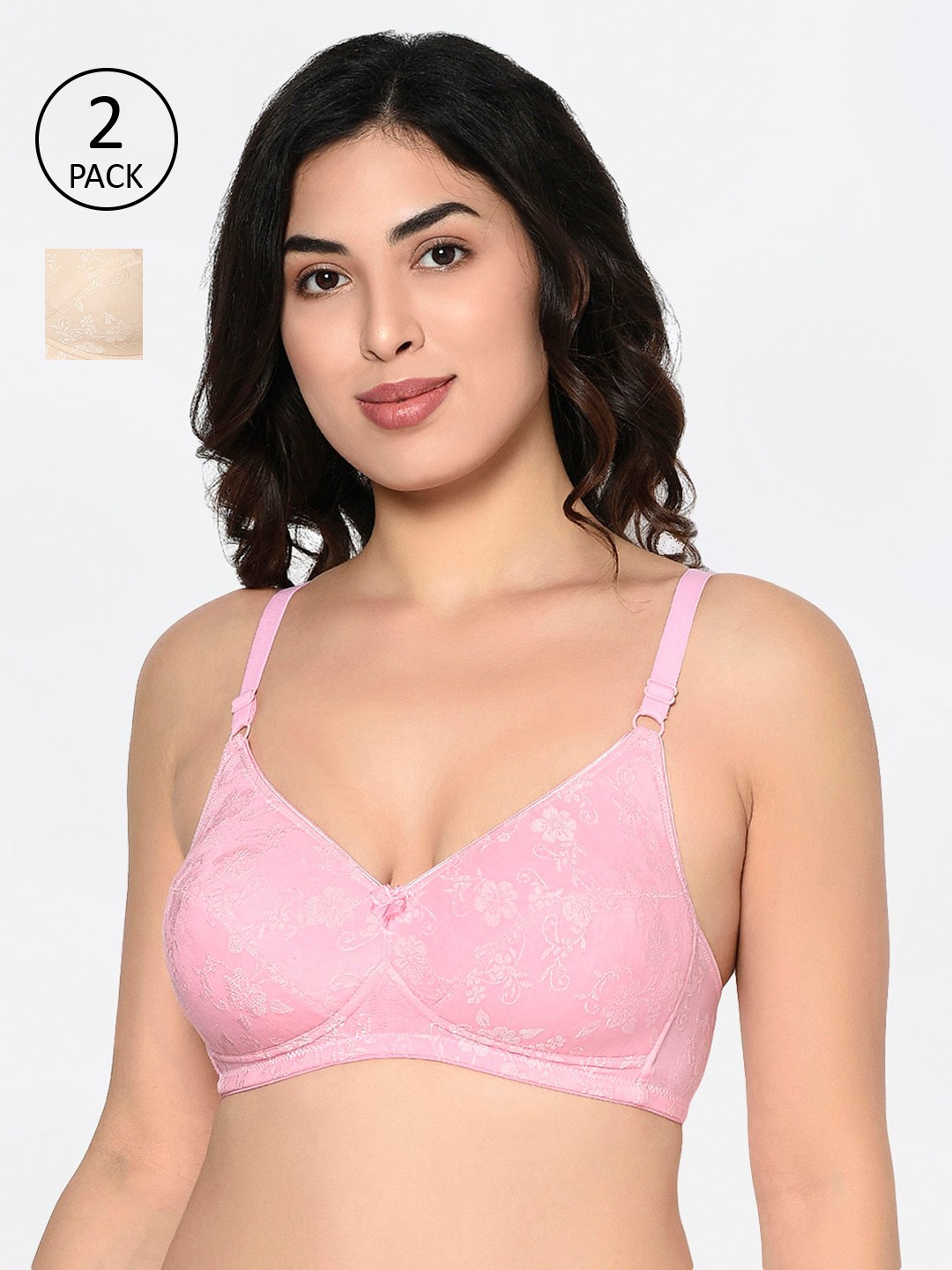 

Bodycare Pack Of 2 Self Design Non-Wired Lightly Padded Everyday Bras 6579PIS, Pink