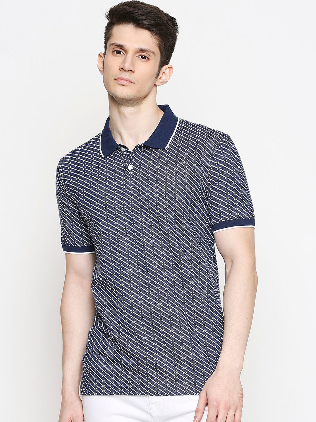 

BYFORD by Pantaloons Men Navy Blue Printed Slim Fit Polo Collar T-shirt