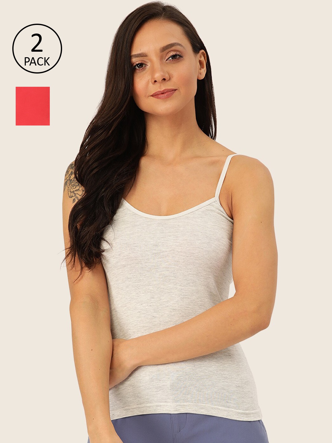 Lady Lyka Women Pack Of 2 Solid Camisoles, Grey