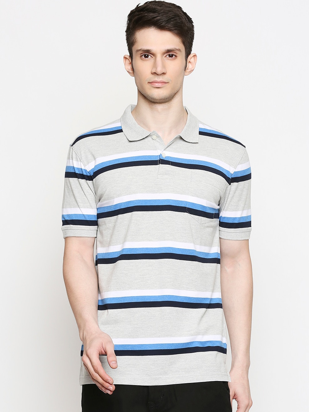 

BYFORD by Pantaloons Men Grey Striped Slim Fit Polo Collar T-shirt