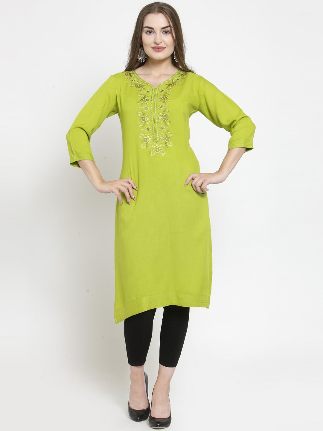 

Purple State Women Green Solid Straight Kurta