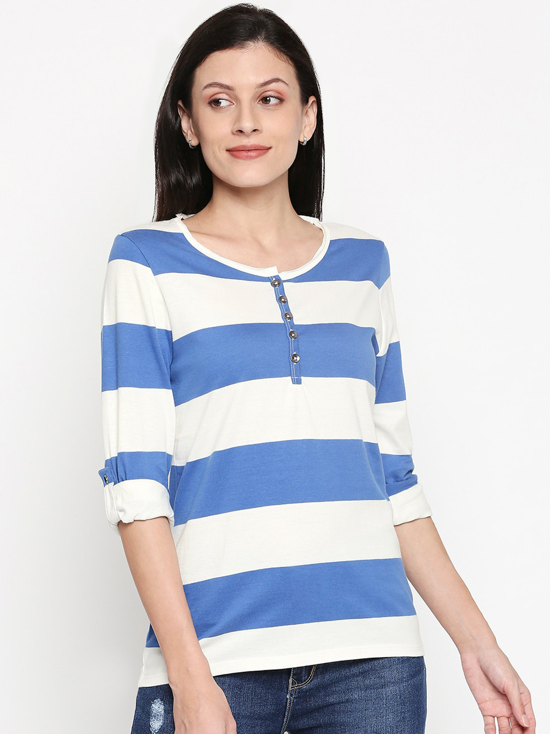 

People Women White & Blue Striped Top