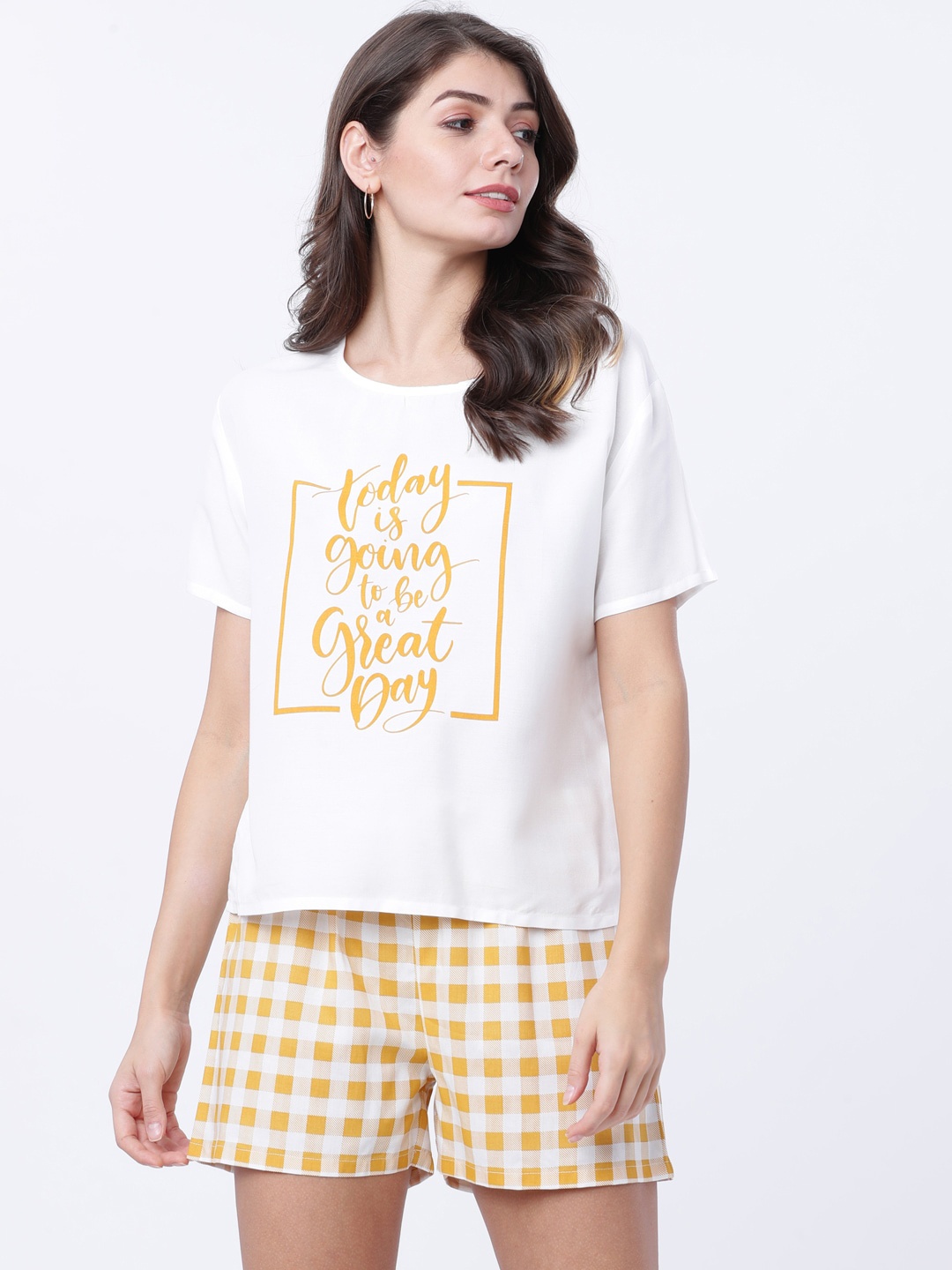 

Tokyo Talkies Women Mustard Yellow & White Night Suit