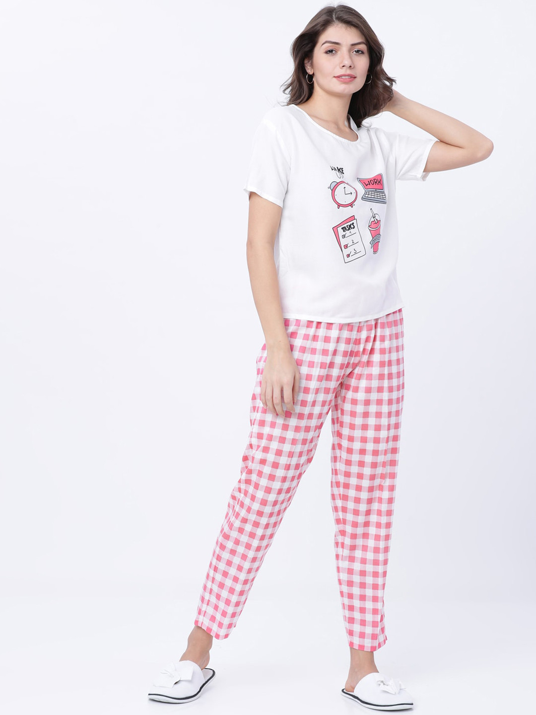 

Tokyo Talkies Women Pink & White Night Suit