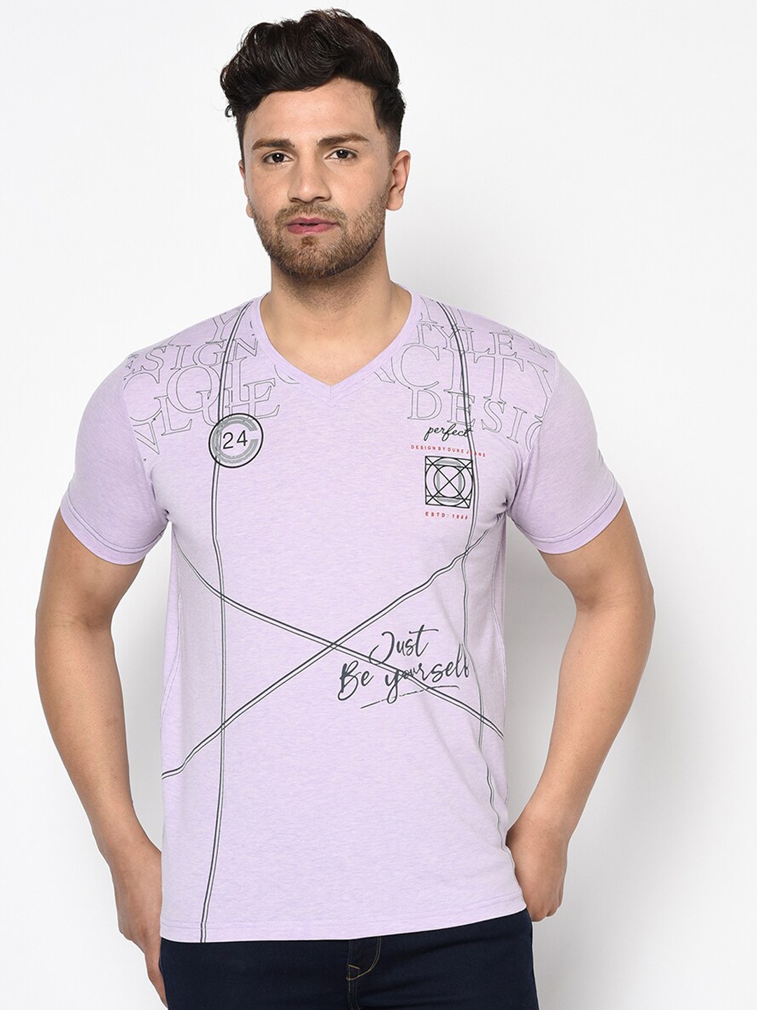 

Duke Men Lavender Printed Cotton V-Neck T-shirt