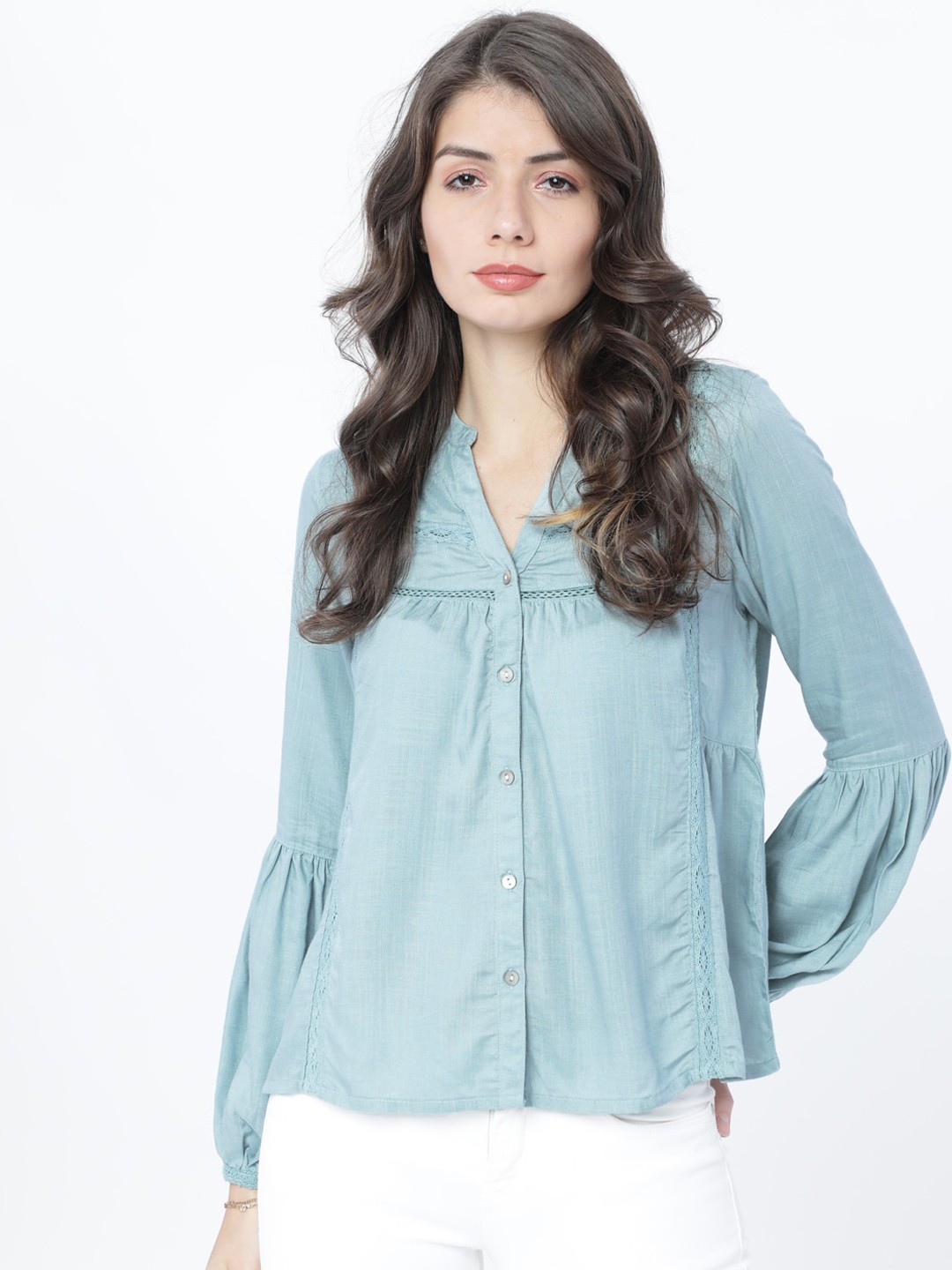 

Tokyo Talkies Women Blue Self Design Shirt Style Top
