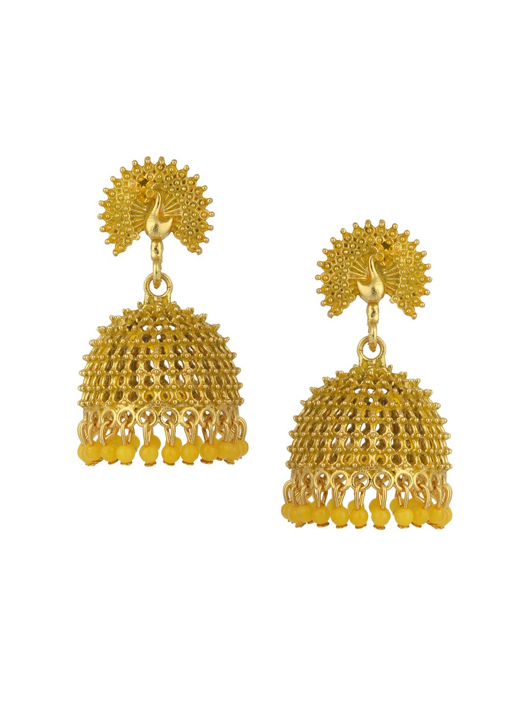 

ANIKAS CREATION Yellow & Gold-Plated Peacock Shaped Jhumkas