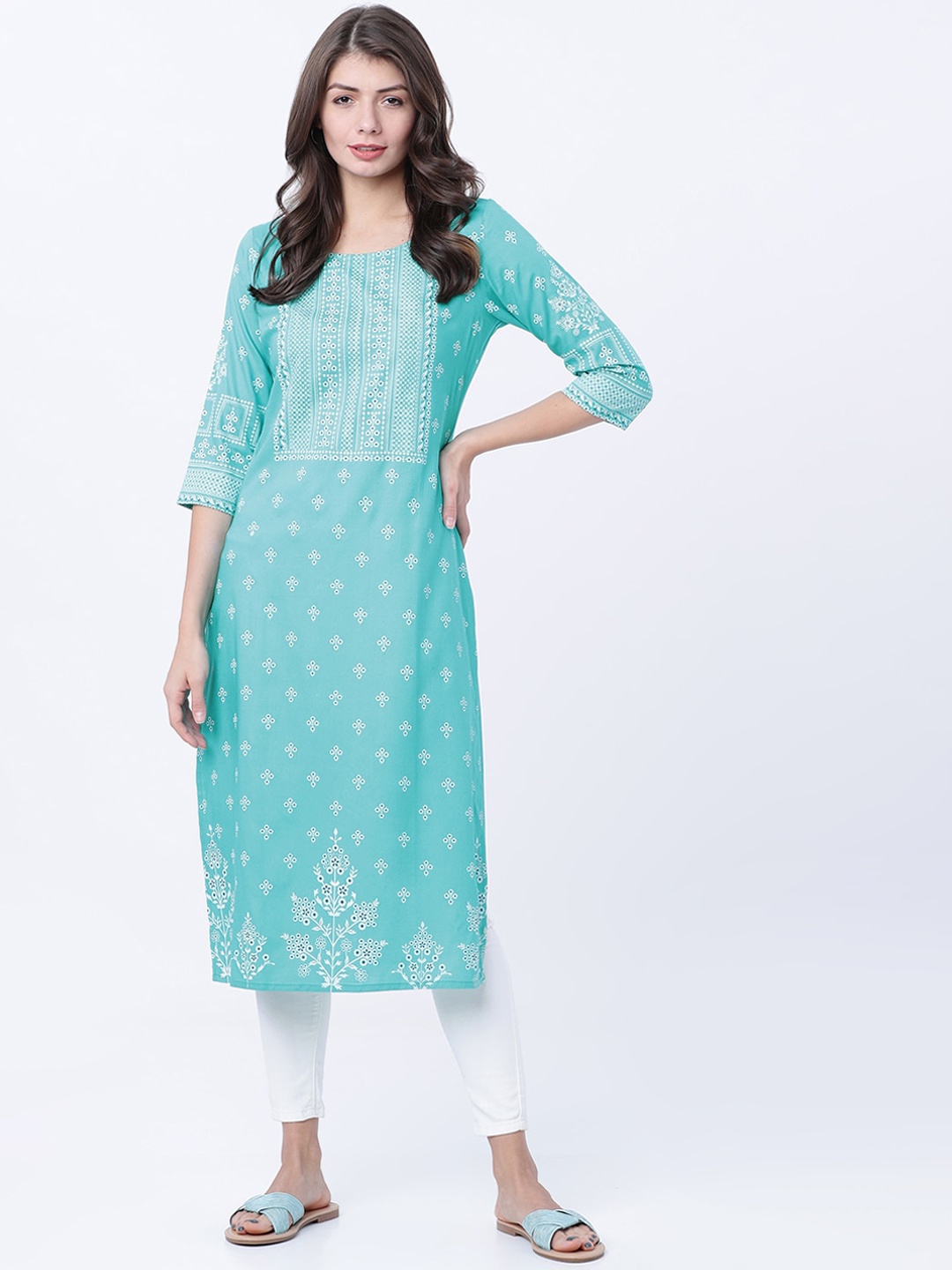 

Vishudh Women Turquoise Blue Printed Straight Kurta