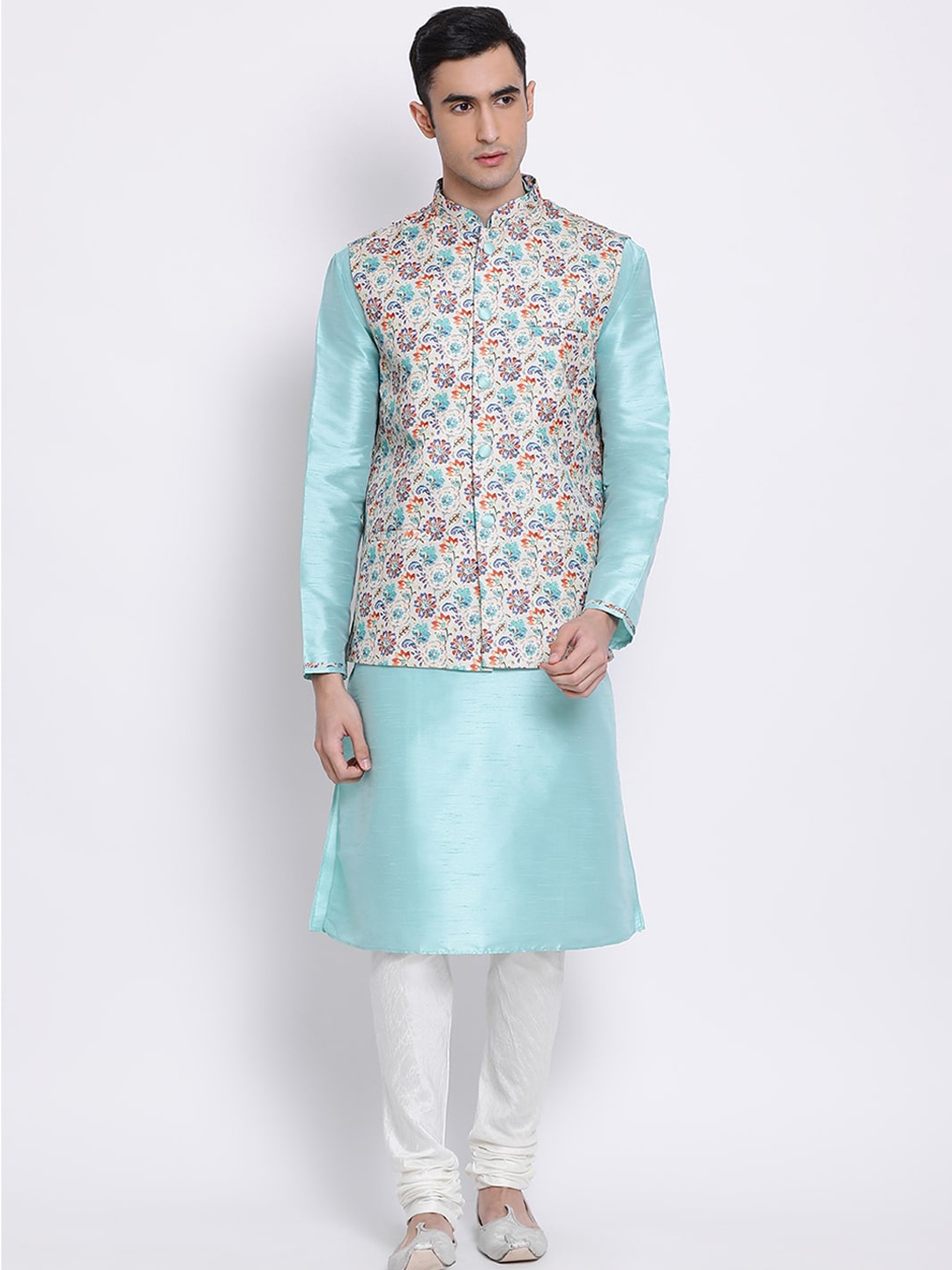 

Sanwara Men Turquoise Blue & White Solid Kurta Nehru Jacket Set with Churidar