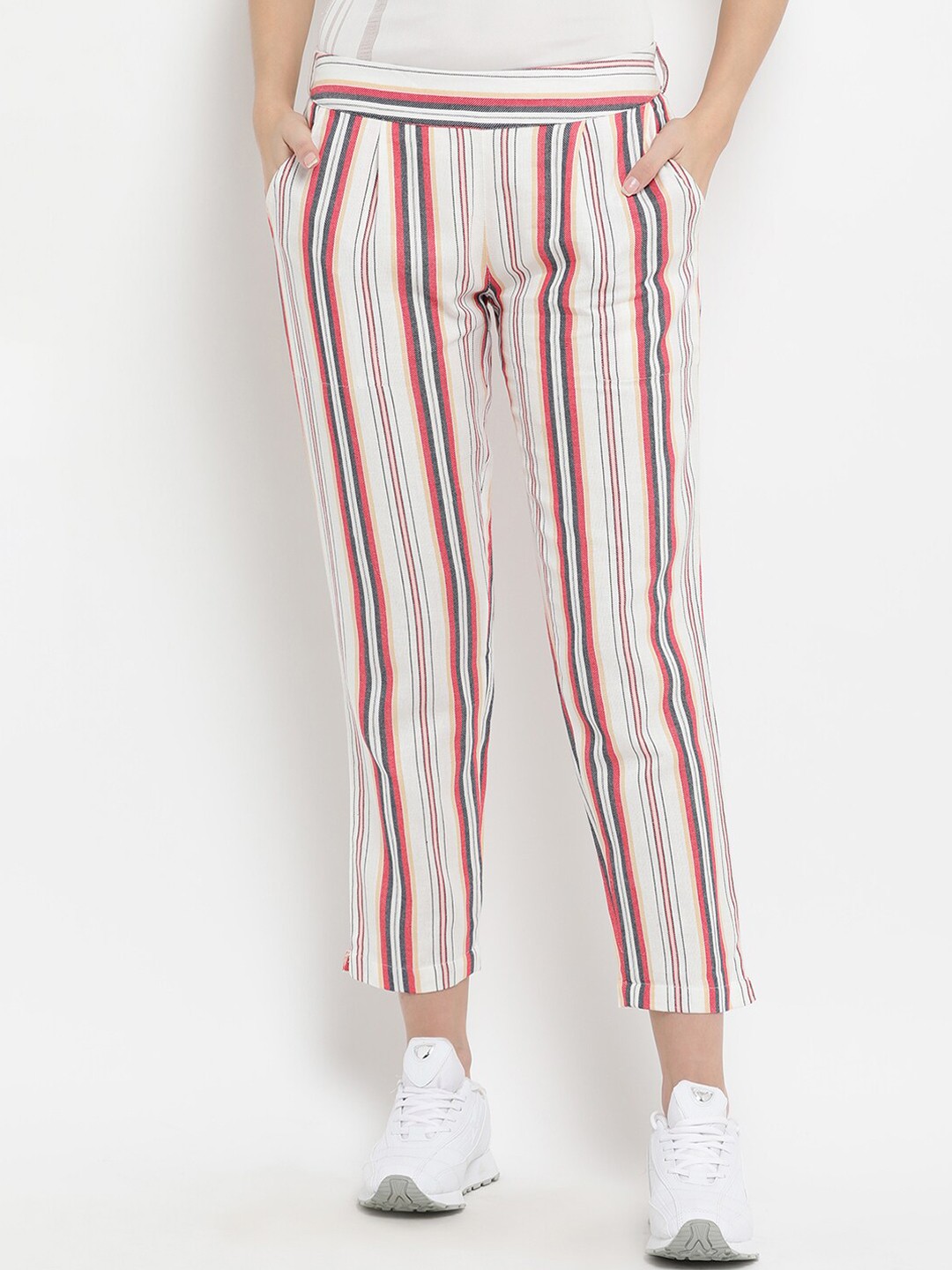 

THREAD MUSTER Women White & Red Regular Fit Striped Regular Trousers