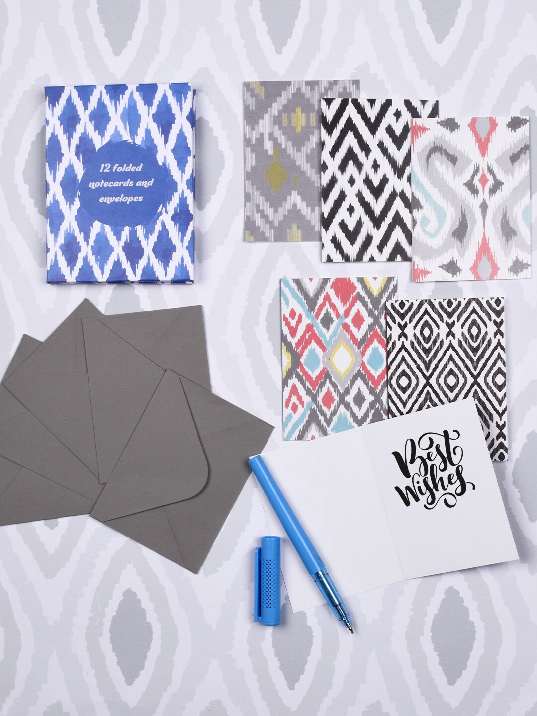 

Doodle Unisex Blue & White Ikat Set of 12 Notecards With Envelope - Greeting Card Notebook