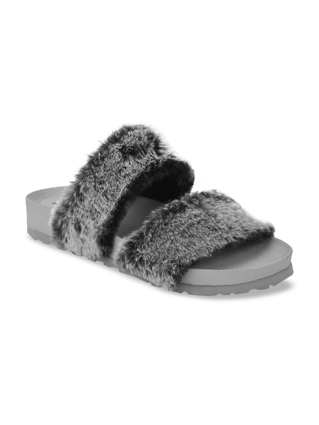 

Truffle Collection Women Grey Solid Faux Fur Open Toe Flats