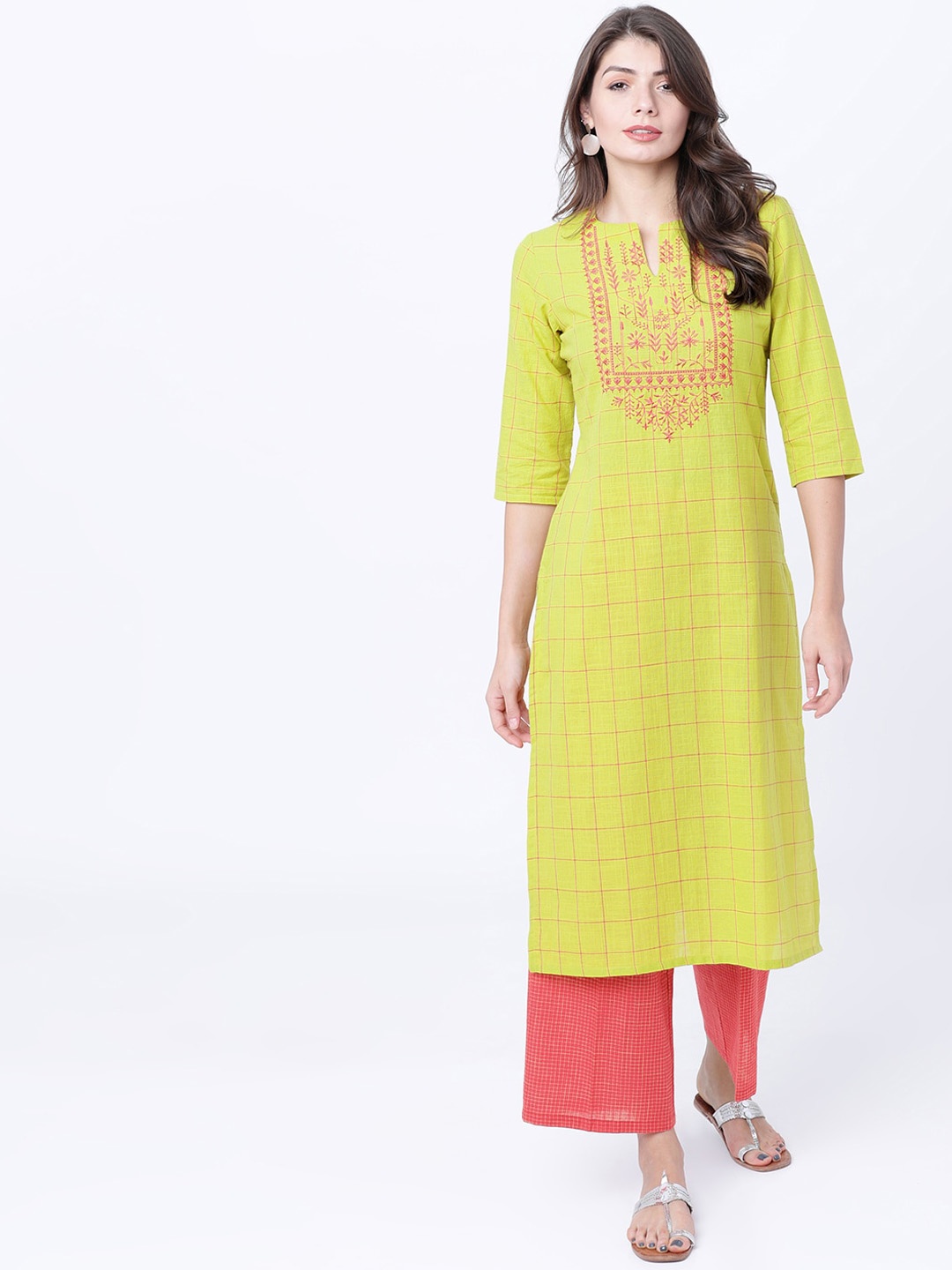 

Vishudh Women Lime Green & Pink Embroidered Straight Kurta