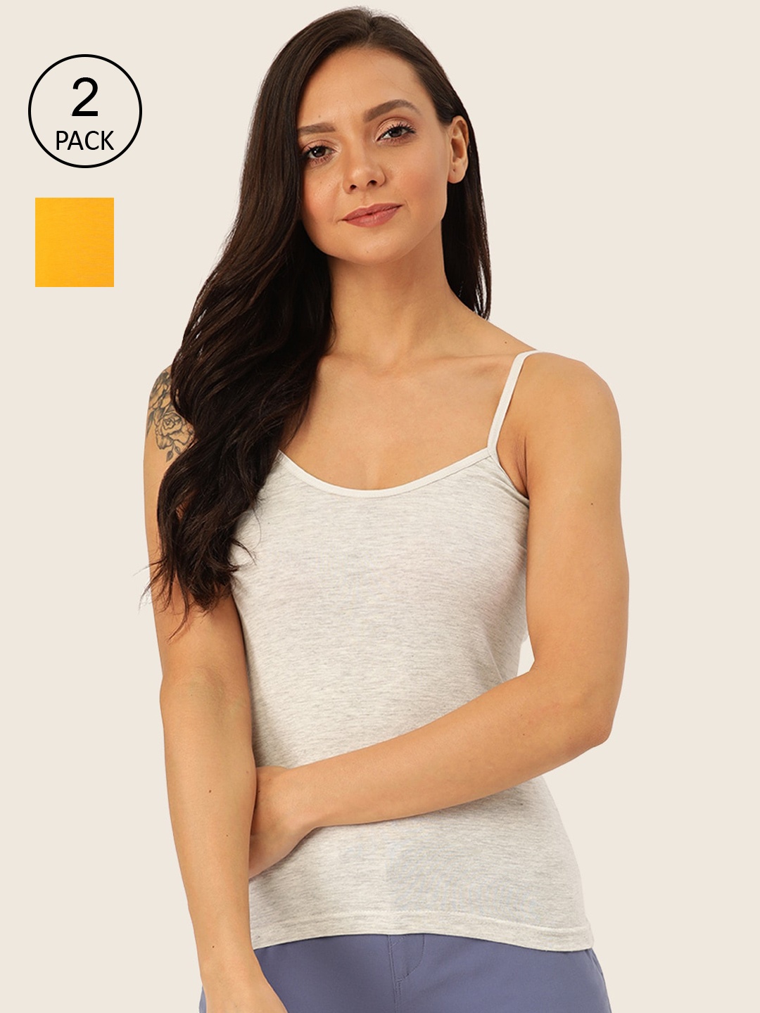 

Lady Lyka Women Pack of 2 Yellow & White Solid Camisoles