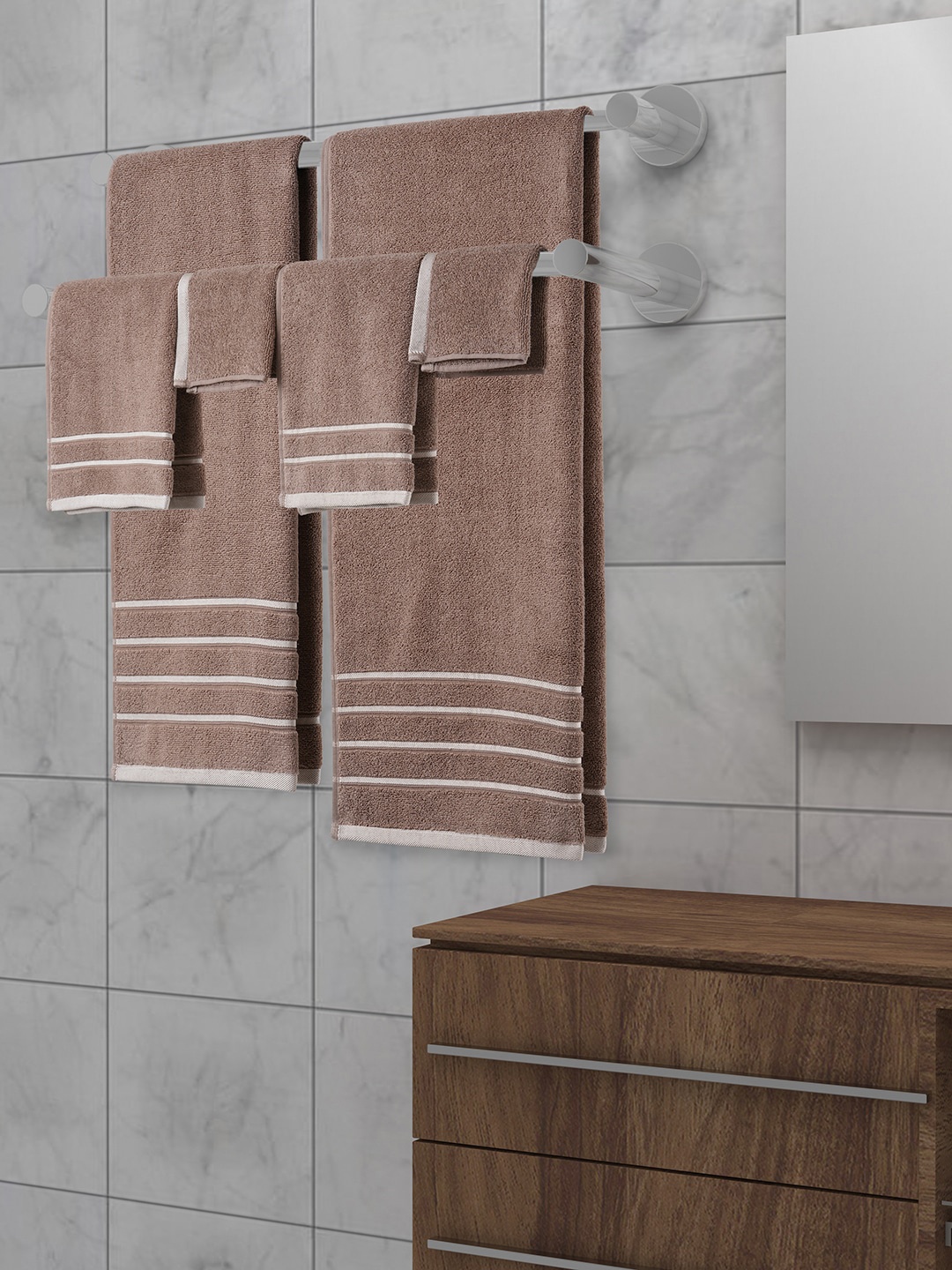 

MARK HOME Set Of 6 Brown & White Solid 100% Cotton 500 GSM Zero Twist Anti Bacterial Treated Towels